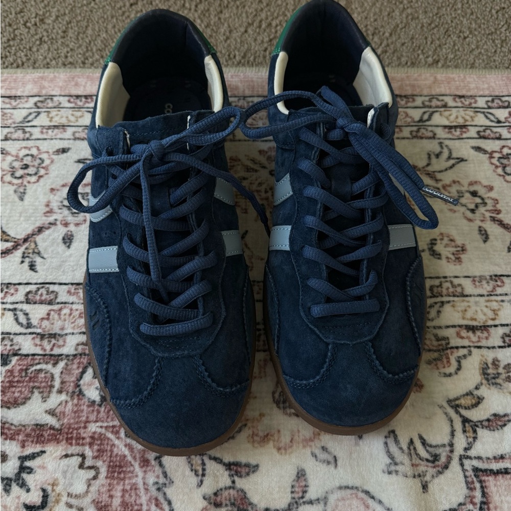 Coolway Navy Suede Sneakers with Light Blue Stripes and Green Heel - Picture 2 of 7